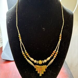 Vintage Unakite Gemstone Fan Necklace Silver and Magnetic Beads Aztec Southwest